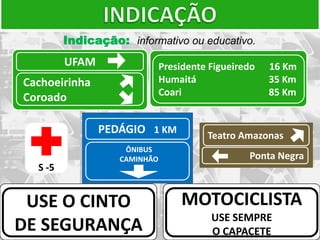 Indicação: informativo ou educativo.
         UFAM                 Presidente Figueiredo   16 Km
Cachoeirinha                  Humaitá                 35 Km
                              Coari                   85 Km
Coroado

                PEDÁGIO 1 KM            Teatro Amazonas
                    ÔNIBUS
                   CAMINHÃO                      Ponta Negra
  S -5


 USE O CINTO                      MOTOCICLISTA
                                         USE SEMPRE
DE SEGURANÇA                             O CAPACETE
 