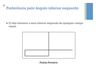 + Preferência pelo ângulo inferior esquerdo


  n    O olho favorece a zona inferior esquerda de qualquer campo
        visual.




                                Padrão Primário
 