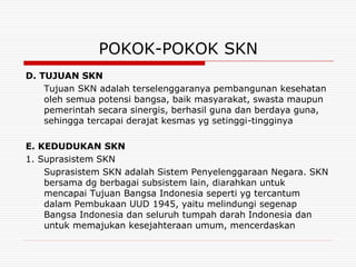 POKOK-POKOK SKN
D. TUJUAN SKN
    Tujuan SKN adalah terselenggaranya pembangunan kesehatan
    oleh semua potensi bangsa, baik masyarakat, swasta maupun
    pemerintah secara sinergis, berhasil guna dan berdaya guna,
    sehingga tercapai derajat kesmas yg setinggi-tingginya

E. KEDUDUKAN SKN
1. Suprasistem SKN
    Suprasistem SKN adalah Sistem Penyelenggaraan Negara. SKN
    bersama dg berbagai subsistem lain, diarahkan untuk
    mencapai Tujuan Bangsa Indonesia seperti yg tercantum
    dalam Pembukaan UUD 1945, yaitu melindungi segenap
    Bangsa Indonesia dan seluruh tumpah darah Indonesia dan
    untuk memajukan kesejahteraan umum, mencerdaskan
 