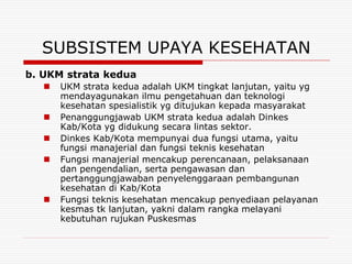 SUBSISTEM UPAYA KESEHATAN
b. UKM strata kedua
      UKM strata kedua adalah UKM tingkat lanjutan, yaitu yg
       mendayagunakan ilmu pengetahuan dan teknologi
       kesehatan spesialistik yg ditujukan kepada masyarakat
      Penanggungjawab UKM strata kedua adalah Dinkes
       Kab/Kota yg didukung secara lintas sektor.
      Dinkes Kab/Kota mempunyai dua fungsi utama, yaitu
       fungsi manajerial dan fungsi teknis kesehatan
      Fungsi manajerial mencakup perencanaan, pelaksanaan
       dan pengendalian, serta pengawasan dan
       pertanggungjawaban penyelenggaraan pembangunan
       kesehatan di Kab/Kota
      Fungsi teknis kesehatan mencakup penyediaan pelayanan
       kesmas tk lanjutan, yakni dalam rangka melayani
       kebutuhan rujukan Puskesmas
 