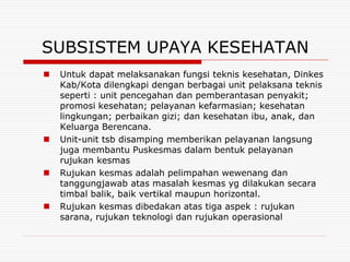 SUBSISTEM UPAYA KESEHATAN
   Untuk dapat melaksanakan fungsi teknis kesehatan, Dinkes
    Kab/Kota dilengkapi dengan berbagai unit pelaksana teknis
    seperti : unit pencegahan dan pemberantasan penyakit;
    promosi kesehatan; pelayanan kefarmasian; kesehatan
    lingkungan; perbaikan gizi; dan kesehatan ibu, anak, dan
    Keluarga Berencana.
   Unit-unit tsb disamping memberikan pelayanan langsung
    juga membantu Puskesmas dalam bentuk pelayanan
    rujukan kesmas
   Rujukan kesmas adalah pelimpahan wewenang dan
    tanggungjawab atas masalah kesmas yg dilakukan secara
    timbal balik, baik vertikal maupun horizontal.
   Rujukan kesmas dibedakan atas tiga aspek : rujukan
    sarana, rujukan teknologi dan rujukan operasional
 