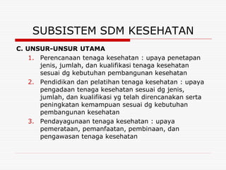 SUBSISTEM SDM KESEHATAN
C. UNSUR-UNSUR UTAMA
    1. Perencanaan tenaga kesehatan : upaya penetapan
       jenis, jumlah, dan kualifikasi tenaga kesehatan
       sesuai dg kebutuhan pembangunan kesehatan
    2. Pendidikan dan pelatihan tenaga kesehatan : upaya
       pengadaan tenaga kesehatan sesuai dg jenis,
       jumlah, dan kualifikasi yg telah direncanakan serta
       peningkatan kemampuan sesuai dg kebutuhan
       pembangunan kesehatan
    3. Pendayagunaan tenaga kesehatan : upaya
       pemerataan, pemanfaatan, pembinaan, dan
       pengawasan tenaga kesehatan
 