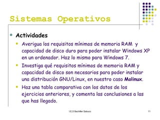 Sistemas Operativos Actividades Averigua los requisitos mínimos de memoria RAM  y capacidad de disco duro para poder instalar Windows XP en un ordenador. Haz lo mismo para Windows 7. Investiga qué requisitos mínimos de memoria RAM y capacidad de disco son necesarios para poder instalar una distribución GNU/Linux, en nuestro caso  Molinux . Haz una tabla comparativa con los datos de los ejercicios anteriores, y comenta las conclusiones a las que has llegado. 