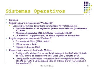 Sistemas Operativos Solución: Requisitos para instalación de Windows XP Los requisitos mínimos de hardware para Windows XP Professional son:  Procesador Pentium a 233 megahercios (MHz) o mayor velocidad (se recomienda 300 MHz) Al menos 64 megabytes (MB) de RAM (se recomienda 128 MB) Un mínimo de 1,5 gigabytes (GB) de espacio disponible en el disco duro Requisitos para instalación de Windows 7 Procesador de 1GHz (32bit – 64bit)  1GB de memoria RAM  Espacio en disco de 16GB  Requisitos para instalación de Molinux Configuración Mínima: Procesador Intel o compatible a 200 MHz, 128 MB de RAM, 2.0 GB de espacio libre en el Disco Duro y Tarjeta SVGA. Configuración recomendada: Procesador Intel o compatible a 800 MHz, 256 MB de RAM, 5 GB de espacio libre en el Disco Duro y Tarjeta SVGA Aceleradora 3D.  