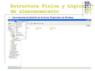 Estructura Física y Lógica de almacenamiento Herramientas de Gestión de Archivos. Explorador de Windows 