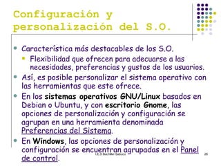 Configuración y personalización del S.O. Característica más destacables de los S.O. Flexibilidad que ofrecen para adecuarse a las necesidades, preferencias y gustos de los usuarios.  Así, es posible personalizar el sistema operativo con las herramientas que este ofrece. En los  sistemas operativos GNU/Linux  basados en Debian o Ubuntu, y con  escritorio Gnome , las opciones de personalización y configuración se agrupan en una herramienta denominada  Preferencias del Sistema .  En  Windows , las opciones de personalización y configuración se encuentran agrupadas en el  Panel de control . 