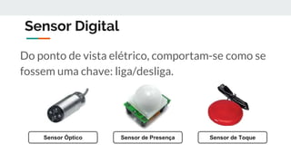Sensor Digital
Do ponto de vista elétrico, comportam-se como se
fossem uma chave: liga/desliga.
Sensor Óptico Sensor de Presença Sensor de Toque
 