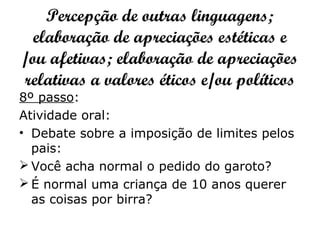 Percepção de outras linguagens;
elaboração de apreciações estéticas e
/ou afetivas; elaboração de apreciações
relativas a valores éticos e/ou políticos
8º passo:
Atividade oral:
• Debate sobre a imposição de limites pelos
pais:
 Você acha normal o pedido do garoto?
 É normal uma criança de 10 anos querer
as coisas por birra?
 