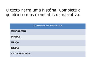 O texto narra uma história. Complete o
quadro com os elementos da narrativa:
ELEMENTOS DA NARRATIVA
PERSONAGENS:
ENREDO:
ESPAÇO:
TEMPO:
FOCO NARRATIVO:
 