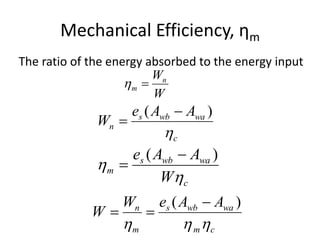 Mechanical Efficiency, ƞm
The ratio of the energy absorbed to the energy input
W
Wn
m 
c
wawbs
n
AAe
W

)( 

c
wawbs
m
W
AAe


)( 

cm
wawbs
m
n AAeW
W

)( 

 