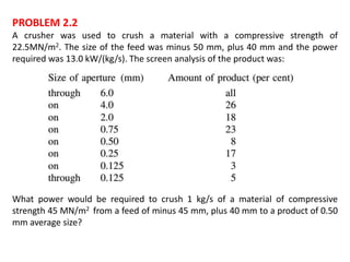 PROBLEM 2.2
A crusher was used to crush a material with a compressive strength of
22.5MN/m2. The size of the feed was minus 50 mm, plus 40 mm and the power
required was 13.0 kW/(kg/s). The screen analysis of the product was:
What power would be required to crush 1 kg/s of a material of compressive
strength 45 MN/m2 from a feed of minus 45 mm, plus 40 mm to a product of 0.50
mm average size?
 