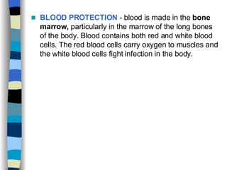 BLOOD PROTECTION  - blood is made in the  bone   marrow,  particularly in the marrow of the long bones of the body. Blood contains both red and white blood cells. The red blood cells carry oxygen to muscles and the white blood cells fight infection in the body. 