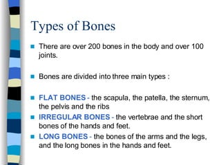 Types of Bones There are over 200 bones in the body and over 100 joints. Bones are divided into three main types : FLAT BONES  -  the scapula, the patella, the sternum, the pelvis and the ribs IRREGULAR BONES  -  the vertebrae and the short bones of the hands and feet. LONG BONES  -  the bones of the arms and the legs, and the long bones in the hands and feet. 