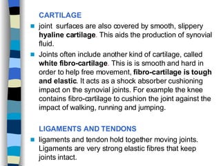 CARTILAGE  joint  surfaces are also covered by smooth, slippery  hyaline cartilage .  This aids the production of synovial fluid.  Joints often include another kind of cartilage, called  white fibro-cartilage .  This is is smooth and hard in order to help free movement,  fibro-cartilage is   tough and elastic . It acts as a shock absorber cushioning impact on the synovial joints. For example the knee contains fibro-cartilage to cushion the joint against the impact of walking, running and jumping. LIGAMENTS AND TENDONS   ligaments and tendon hold together moving joints. Ligaments are very strong elastic fibres that keep joints intact.  