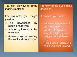 You can preview of kinds
reading material.
For example, you might
preview :
 The newspaper by
reading headlines
 A letter by looking at the
envelope
 A new book by reading
the front and back cover
Preview can help you make
decisions.
It can help you decide:
 Which articles to read in
the newspaper
 Whether to open the
letter (it might be junk
mail you would throw
out)
 If the book is interesting,
and if you want to read it
 