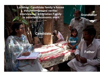 Location: Candidate family’s house Volunteer Ground verifier interviewing  a Christian Family  to ascertain economic merit Grandfather Candidate Father Sister Ground Verifier 