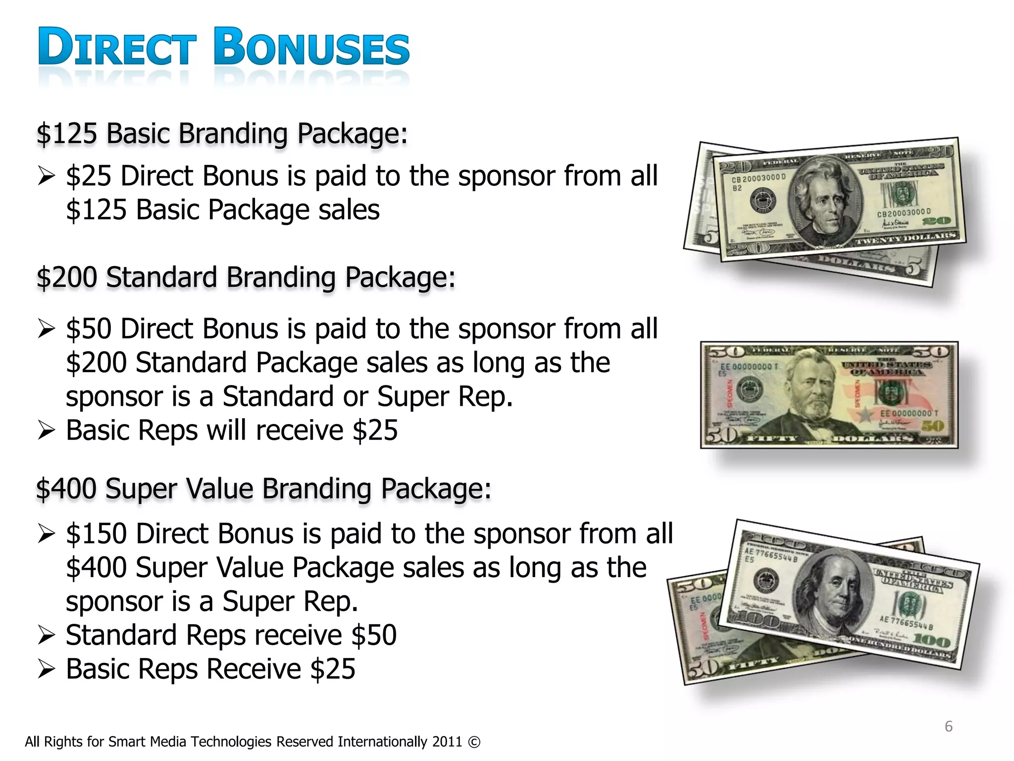 $125 Basic Branding Package:
  $25 Direct Bonus is paid to the sponsor from all
   $125 Basic Package sales

 $200 Standard Branding Package:
  $50 Direct Bonus is paid to the sponsor from all
   $200 Standard Package sales as long as the
   sponsor is a Standard or Super Rep.
  Basic Reps will receive $25

 $400 Super Value Branding Package:
  $150 Direct Bonus is paid to the sponsor from all
   $400 Super Value Package sales as long as the
   sponsor is a Super Rep.
  Standard Reps receive $50
  Basic Reps Receive $25
                                                                          6
All Rights for Smart Media Technologies Reserved Internationally 2011 ©
 
