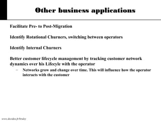 Other business applications
Facilitate Pre- to Post-Migration
Identify Rotational Churners, switching between operators
Identify Internal Churners
Better customer lifecycle management by tracking customer network
dynamics over his Lifecyle with the operator
–

Networks grow and change over time. This will influence how the operator
interacts with the customer

www.decideo.fr/bruley

 