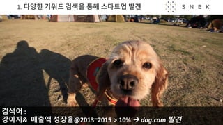 1.	다양한 키워드 검색을 통해 스타트업 발견
검색어 :
강아지& 매출액 성장율@2013~2015 > 10% à dog.com 발견
 