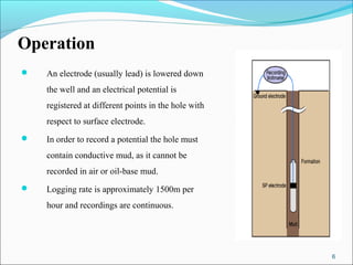 Operation
   An electrode (usually lead) is lowered down
    the well and an electrical potential is
    registered at different points in the hole with
    respect to surface electrode.
   In order to record a potential the hole must
    contain conductive mud, as it cannot be
    recorded in air or oil-base mud.
   Logging rate is approximately 1500m per
    hour and recordings are continuous.




                                                      6
 