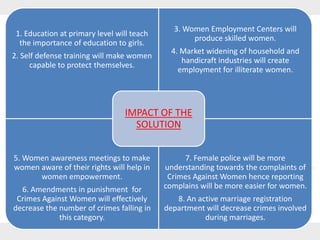 1. Education at primary level will teach
the importance of education to girls.
2. Self defense training will make women
capable to protect themselves.
3. Women Employment Centers will
produce skilled women.
4. Market widening of household and
handicraft industries will create
employment for illiterate women.
5. Women awareness meetings to make
women aware of their rights will help in
women empowerment.
6. Amendments in punishment for
Crimes Against Women will effectively
decrease the number of crimes falling in
this category.
7. Female police will be more
understanding towards the complaints of
Crimes Against Women hence reporting
complains will be more easier for women.
8. An active marriage registration
department will decrease crimes involved
during marriages.
IMPACT OF THE
SOLUTION
 