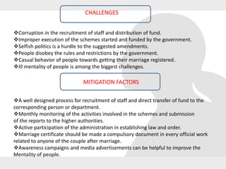 CHALLENGES
Corruption in the recruitment of staff and distribution of fund.
Improper execution of the schemes started and funded by the government.
Selfish politics is a hurdle to the suggested amendments.
People disobey the rules and restrictions by the government.
Casual behavior of people towards getting their marriage registered.
Ill mentality of people is among the biggest challenges.
MITIGATION FACTORS
A well designed process for recruitment of staff and direct transfer of fund to the
corresponding person or department.
Monthly monitoring of the activities involved in the schemes and submission
of the reports to the higher authorities.
Active participation of the administration in establishing law and order.
Marriage certificate should be made a compulsory document in every official work
related to anyone of the couple after marriage.
Awareness campaigns and media advertisements can be helpful to improve the
Mentality of people.
 