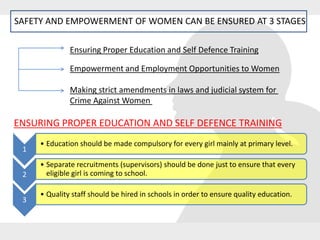 SAFETY AND EMPOWERMENT OF WOMEN CAN BE ENSURED AT 3 STAGES
Ensuring Proper Education and Self Defence Training
Empowerment and Employment Opportunities to Women
Making strict amendments in laws and judicial system for
Crime Against Women
ENSURING PROPER EDUCATION AND SELF DEFENCE TRAINING
1
• Education should be made compulsory for every girl mainly at primary level.
2
• Separate recruitments (supervisors) should be done just to ensure that every
eligible girl is coming to school.
3
• Quality staff should be hired in schools in order to ensure quality education.
 