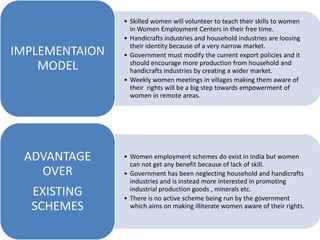 • Skilled women will volunteer to teach their skills to women
in Women Employment Centers in their free time.
• Handicrafts industries and household industries are loosing
their identity because of a very narrow market.
• Government must modify the current export policies and it
should encourage more production from household and
handicrafts industries by creating a wider market.
• Weekly women meetings in villages making them aware of
their rights will be a big step towards empowerment of
women in remote areas.
IMPLEMENTAION
MODEL
• Women employment schemes do exist in India but women
can not get any benefit because of lack of skill.
• Government has been neglecting household and handicrafts
industries and is instead more interested in promoting
industrial production goods , minerals etc.
• There is no active scheme being run by the government
which aims on making illiterate women aware of their rights.
ADVANTAGE
OVER
EXISTING
SCHEMES
 