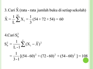 ˆ
3. Cari X (rata - rata jumlah buku di setiap sekolah)
       M1
ˆ = 1 ∑ X = 1 (54 + 72 + 54) = 60
X        1
    L       3

           2
4.Cari S   b

      1 L
S2 =
 b
     L -1
          ∑ (X i − X ) 2

      1
   =      [(54 - 60) 2 + (72 - 60) 2 + (54 - 60) 2 ] = 108
     3 -1
 