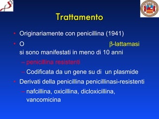 Trattamento Originariamente con penicillina (1941)    -lattamasi  si sono manifestati in meno di 10 anni  penicillina resistenti Codificata da un gene su di  un plasmide Derivati della penicillina penicillinasi-resistenti nafcillina, oxicillina, dicloxicillina, vancomicina 