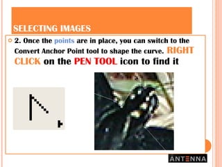 SELECTING IMAGES 2. Once the  points  are in place, you can switch to the Convert Anchor Point tool to shape the curve.   RIGHT CLICK  on the  PEN TOOL  icon to find it 