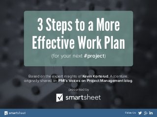 3 Steps to a More
Effective Work Plan
(for your next #project)

Based on the expert insights of Kevin Korterud, Accenture,
originally shared on PMI’s Voices on Project Management blog.
presented by

Follow Us:

 