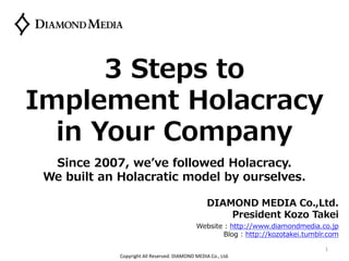 Copyright All Reserved. DIAMOND MEDIA Co., Ltd.
DIAMOND MEDIA Co.,Ltd.
President Kozo Takei
Website : http://www.diamondmedia.co.jp
Blog : http://kozotakei.tumblr.com
1
3 Steps to
Implement Holacracy
in Your Company
Since 2007, we’ve followed Holacracy.
We built an Holacratic model by ourselves.
 