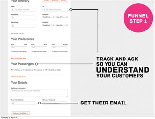 funnel
                                         step 1




                           TRACK AND ASK
                           so you can
                           UNDERSTAND
                           YOUR CUSTOMERS



                      GET THEIR EMAIL

Tuesday, 2 April 13
 