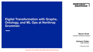 Digital Transformation with Graphs,
Ontology, and ML Ops at Northrop
Grumman
7 December 2022
Data Scientist
Zachary Tretter
1
Steven Scott
Cognitive Software Engineer
Approved for Public Release: NG22-2209 © 2022, Northrop Grumman
 