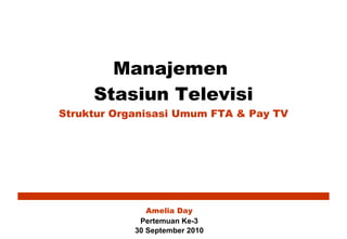 Manajemen  Stasiun Televisi Struktur Organisasi Umum FTA & Pay TV Amelia Day Pertemuan Ke-3 30 September 2010 