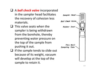 119
A ball check valve incorporated
in the sampler head facilitates
the recovery of cohesion less
materials.
This valve seats when the
sampler is being withdrawn
from the borehole, thereby
preventing water pressure on
the top of the sample from
pushing it out.
If the sample tends to slide out
because of its weight, vacuum
will develop at the top of the
sample to retain it.
Downloadedfrom:09ce.blogspot.com
Providedby:DkMamonai-09CE37
 