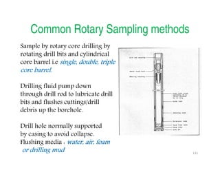131
Common Rotary Sampling methods
Sample by rotary core drilling by
rotating drill bits and cylindrical
core barrel i.e single, double, triplesingle, double, triplesingle, double, triplesingle, double, triple
core barrel.core barrel.core barrel.core barrel.
Drilling fluid pump down
through drill rod to lubricate drill
bits and flushes cuttings/drill
debris up the borehole.
Drill hole normally supported
by casing to avoid collapse.
Flushing media : water, air, foamwater, air, foamwater, air, foamwater, air, foam
or drilling mudor drilling mudor drilling mudor drilling mud
Downloadedfrom:09ce.blogspot.com
Providedby:DkMamonai-09CE37
 