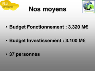 Nos moyens
Budget Fonctionnement : 3.320 M
Budget Investissement : 3.100 M
37 personnes
 