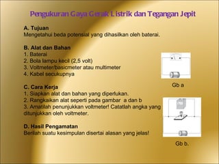 Pengukuran Gaya Gerak Listrik dan Tegangan Jepit A. Tujuan Mengetahui beda potensial yang dihasilkan oleh baterai. B. Alat dan Bahan 1. Baterai 2. Bola lampu kecil (2,5 volt) 3. Voltmeter/basicmeter atau multimeter 4. Kabel secukupnya C. Cara Kerja 1. Siapkan alat dan bahan yang diperlukan. 2. Rangkaikan alat seperti pada gambar  a dan b 3. Amatilah penunjukkan voltmeter! Catatlah angka yang ditunjukkan oleh voltmeter. D. Hasil Pengamatan Berilah suatu kesimpulan disertai alasan yang jelas! Gb a Gb b. 