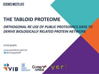 THE TABLOID PROTEOME
ORTHOGONAL RE USE OF PUBLIC PROTEOMICS DATA TO
DERIVE BIOLOGICALLY RELATED PROTEIN NETWORK
surya gupta
surya.gupta@vib-ugent.be
@suryagupta08
 