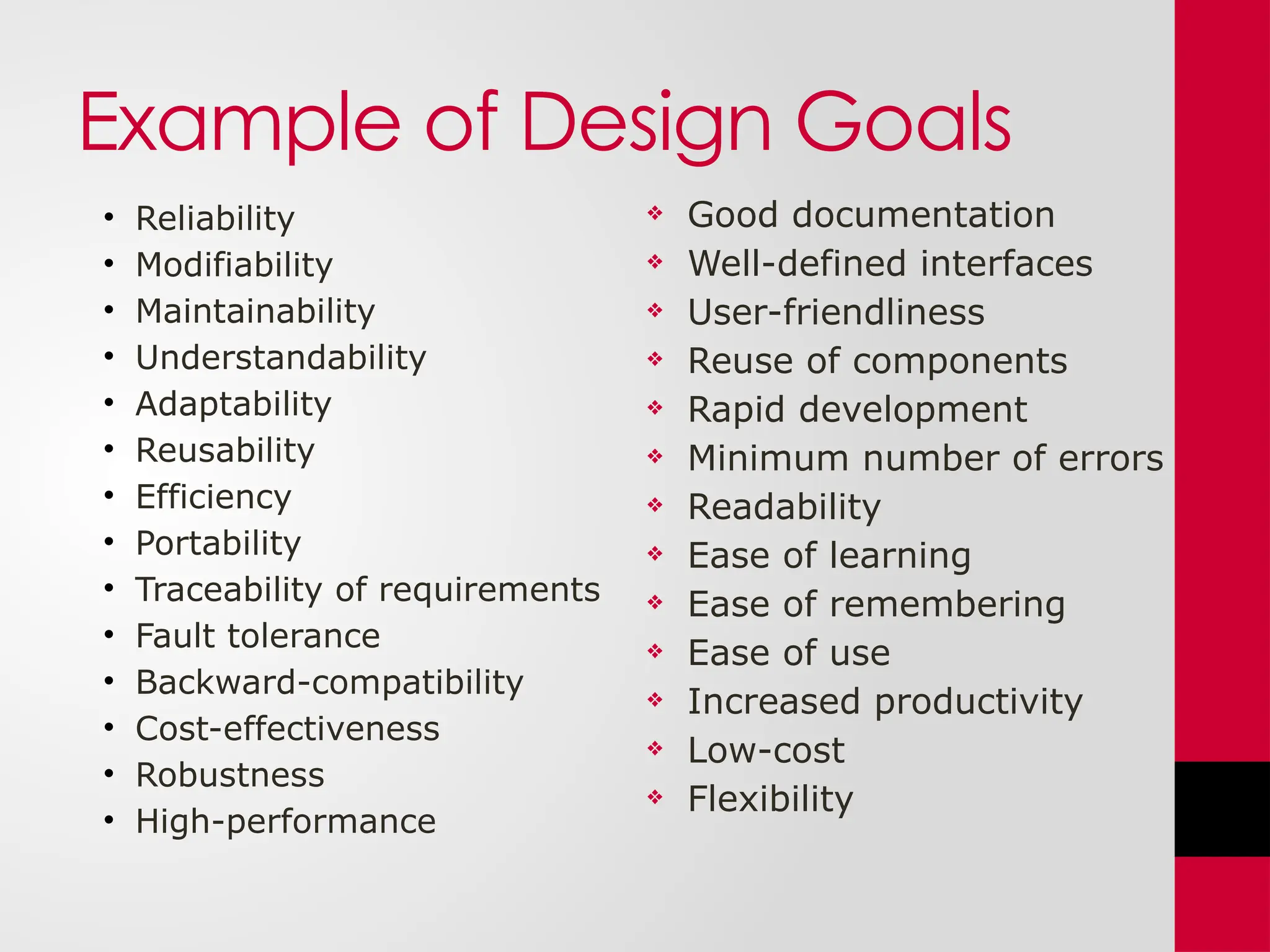 Example of Design Goals
• Reliability
• Modifiability
• Maintainability
• Understandability
• Adaptability
• Reusability
• Efficiency
• Portability
• Traceability of requirements
• Fault tolerance
• Backward-compatibility
• Cost-effectiveness
• Robustness
• High-performance
 Good documentation
 Well-defined interfaces
 User-friendliness
 Reuse of components
 Rapid development
 Minimum number of errors
 Readability
 Ease of learning
 Ease of remembering
 Ease of use
 Increased productivity
 Low-cost
 Flexibility
 