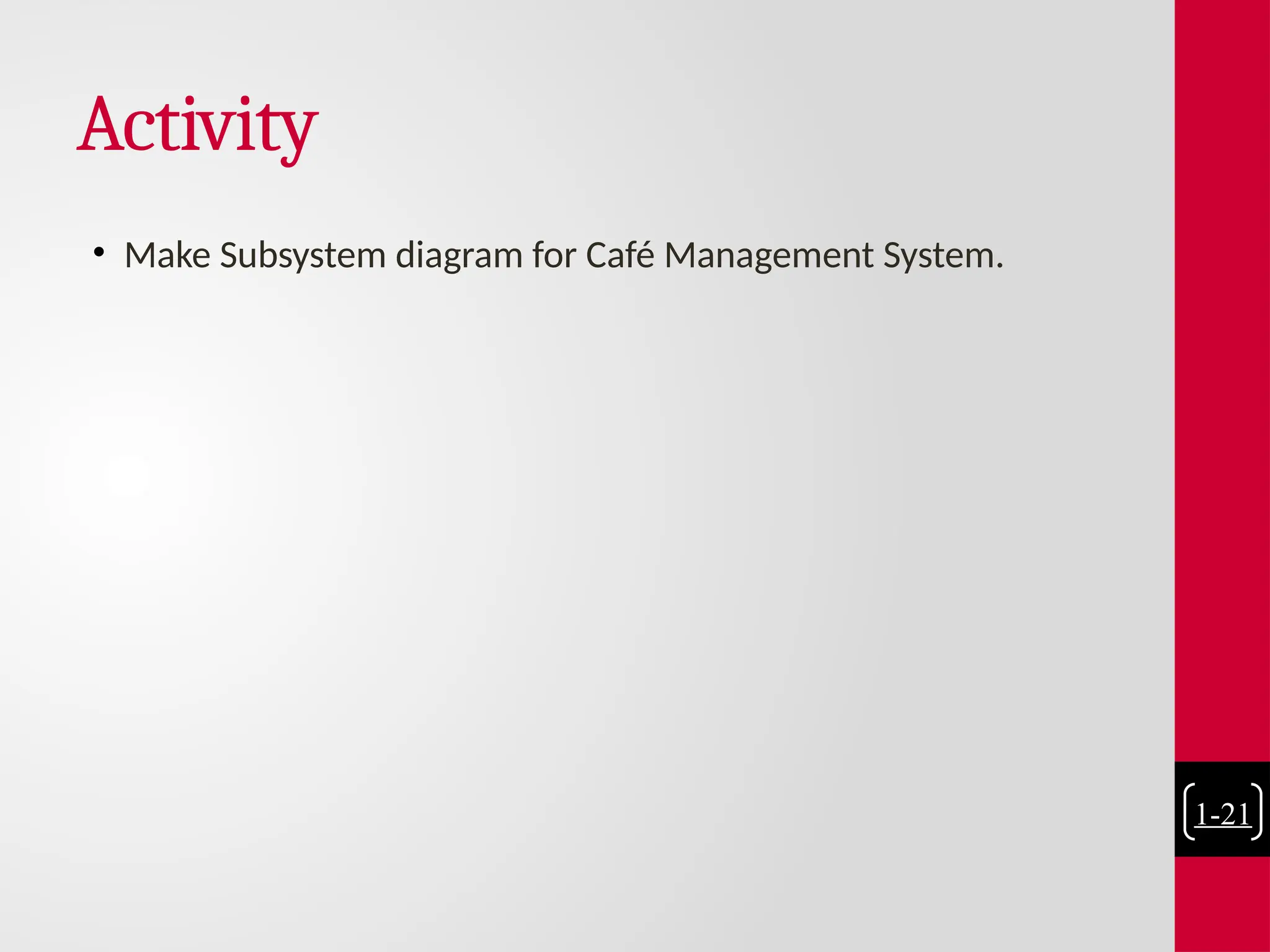 Activity
• Make Subsystem diagram for Café Management System.
1-21
 