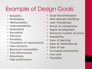 Example of Design Goals
• Reliability
• Modifiability
• Maintainability
• Understandability
• Adaptability
• Reusability
• Efficiency
• Portability
• Traceability of requirements
• Fault tolerance
• Backward-compatibility
• Cost-effectiveness
• Robustness
• High-performance
 Good documentation
 Well-defined interfaces
 User-friendliness
 Reuse of components
 Rapid development
 Minimum number of errors
 Readability
 Ease of learning
 Ease of remembering
 Ease of use
 Increased productivity
 Low-cost
 Flexibility
 