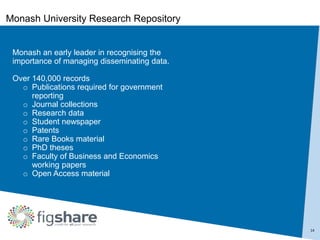 14
Monash an early leader in recognising the
importance of managing disseminating data.
Over 140,000 records
o Publications required for government
reporting
o Journal collections
o Research data
o Student newspaper
o Patents
o Rare Books material
o PhD theses
o Faculty of Business and Economics
working papers
o Open Access material
Monash University Research Repository
 
