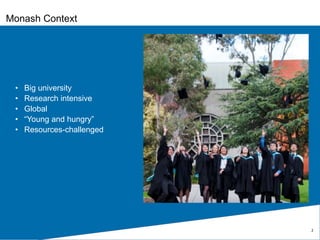 2
Monash Context
• Big university
• Research intensive
• Global
• “Young and hungry”
• Resources-challenged
 