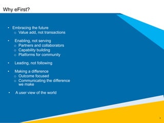 3
Why eFirst?
• Embracing the future
o Value add, not transactions
• Enabling, not serving
o Partners and collaborators
o Capability building
o Platforms for community
• Leading, not following
• Making a difference
o Outcome focused
o Communicating the difference
we make
• A user view of the world
 