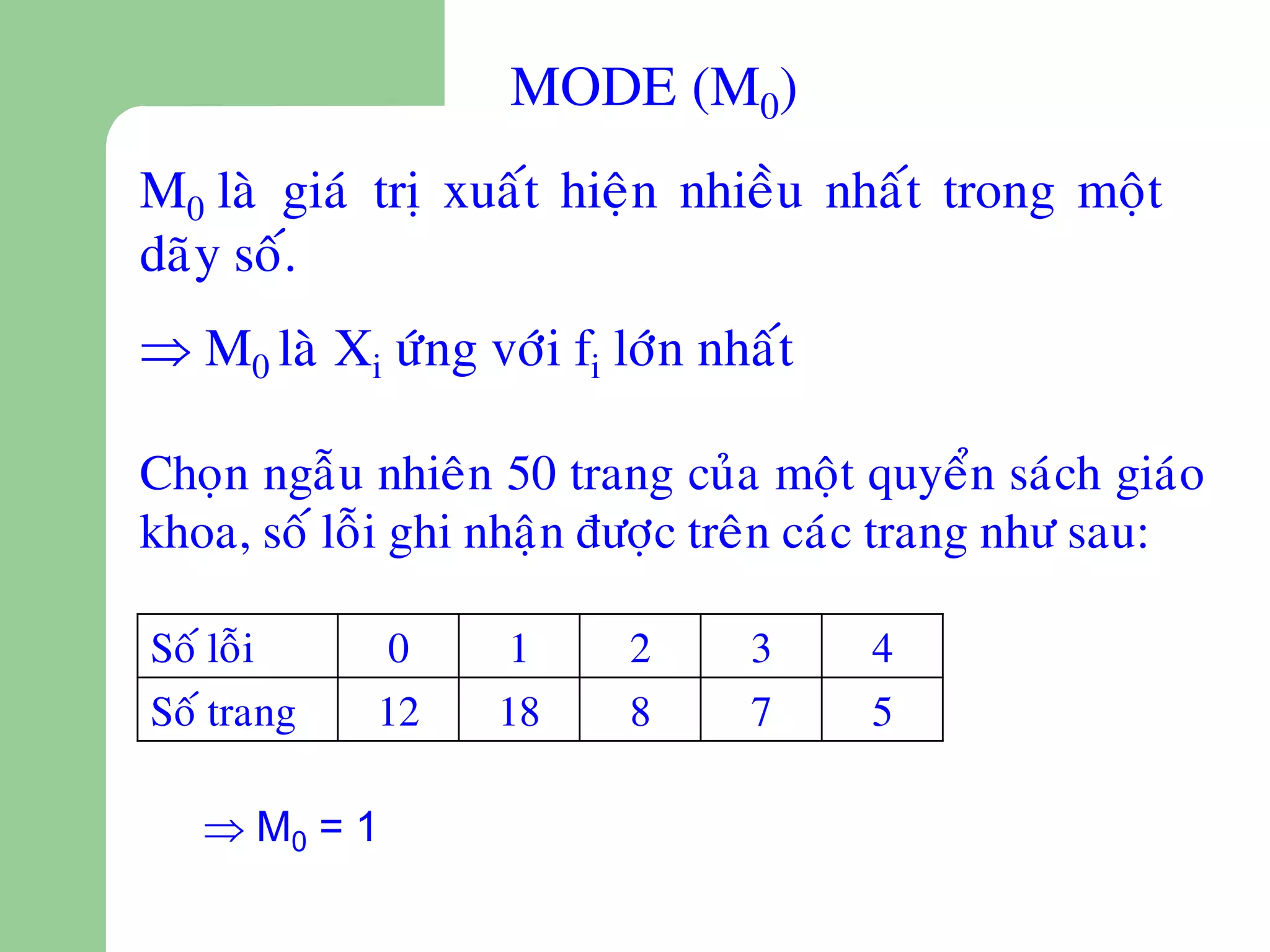 MODE (M0)
M0 laø giaù trò xuaát hieän nhieàu nhaát trong moät
daõy soá.
 M0 laø Xi öùng vôùi fi lôùn nhaát

Choïn ngaãu nhieân 50 trang cuûa moät quyeån saùch giaùo
khoa, soá loãi ghi nhaän ñöôïc treân caùc trang nhö sau:

Soá loãi     0      1     2     3     4
Soá trang   12     18     8     7     5

    M0 = 1
 