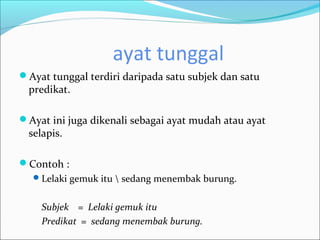 ayat tunggal
Ayat tunggal terdiri daripada satu subjek dan satu
  predikat.

Ayat ini juga dikenali sebagai ayat mudah atau ayat
  selapis.

Contoh :
    Lelaki gemuk itu  sedang menembak burung.


     Subjek = Lelaki gemuk itu
     Predikat = sedang menembak burung.
 