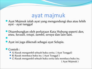 ayat majmuk
Ayat Majmuk ialah ayat yang mengandungi dua atau lebih
  ayat - ayat tunggal

Disambungkan oleh perkataan Kata Hubung seperti dan,
 atau, kecuali, tetapi, sambil, seraya dan lain-lain.

Ayat ini juga dikenali sebagai ayat Selapis.

Contoh :
    A) Razak mengambil sebuah buku cerita. ( Ayat Tunggal)
    B) Razak membaca buku itu. ( Ayat Tunggal )
    C) Razak mengambil sebuah buku cerita lalu membaca buku itu.
                                                ( Ayat Majmuk )
 
